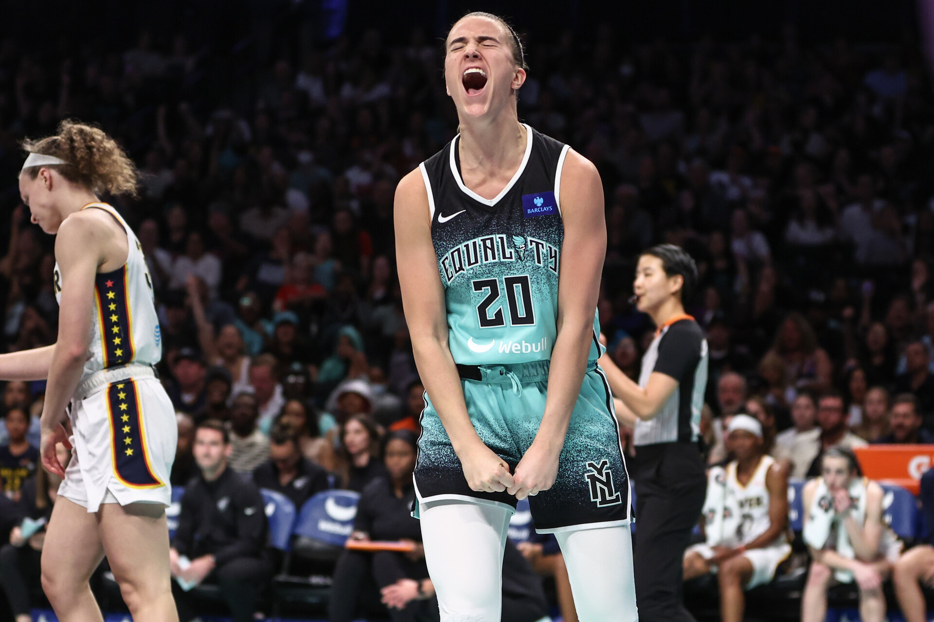 New York Liberty guard Sabrina Ionescu (20) celebrates after getting fouled on a made basket in the fourth quarter against the Indiana Fever at Barclays Center.