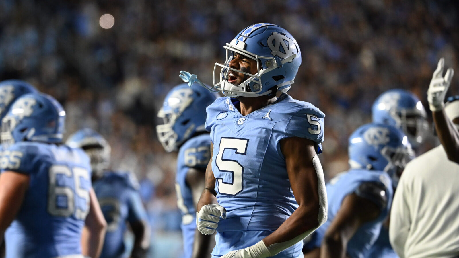 Nov 11, 2023; Chapel Hill, North Carolina, USA; North Carolina Tar Heels wide receiver J.J. Jones (5) reacts in the fourth quarter at Kenan Memorial Stadium.