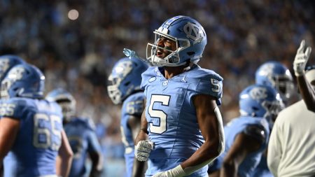Nov 11, 2023; Chapel Hill, North Carolina, USA; North Carolina Tar Heels wide receiver J.J. Jones (5) reacts in the fourth quarter at Kenan Memorial Stadium.
