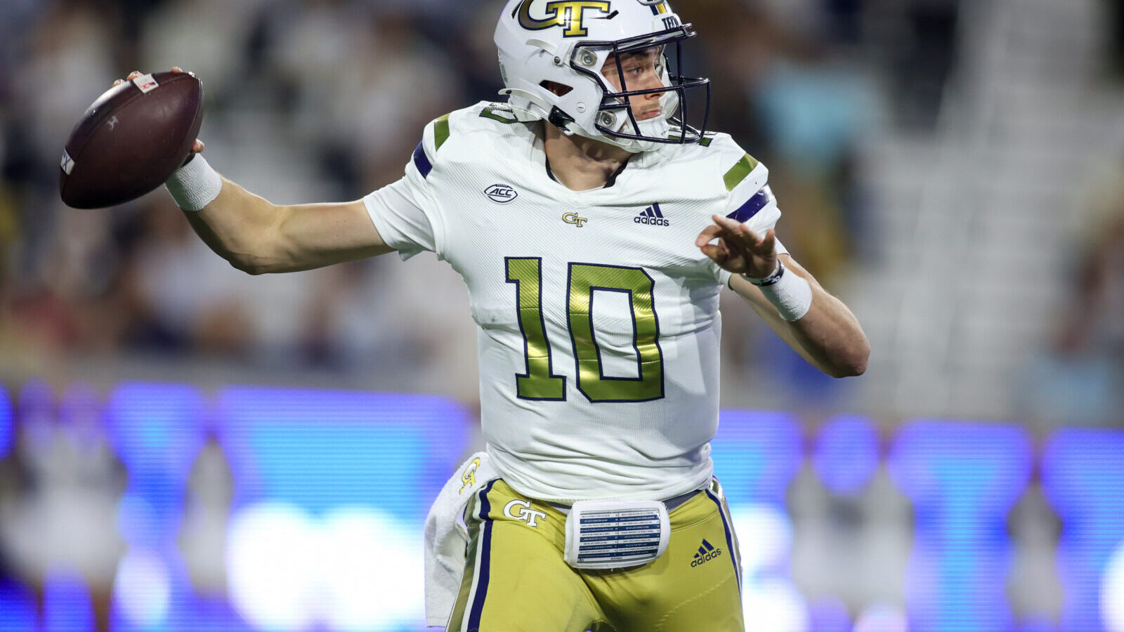 Nov 18, 2023; Atlanta, Georgia, USA; Georgia Tech Yellow Jackets quarterback Haynes King (10) throws a pass against the Syracuse Orange in the first half at Bobby Dodd Stadium at Hyundai Field.