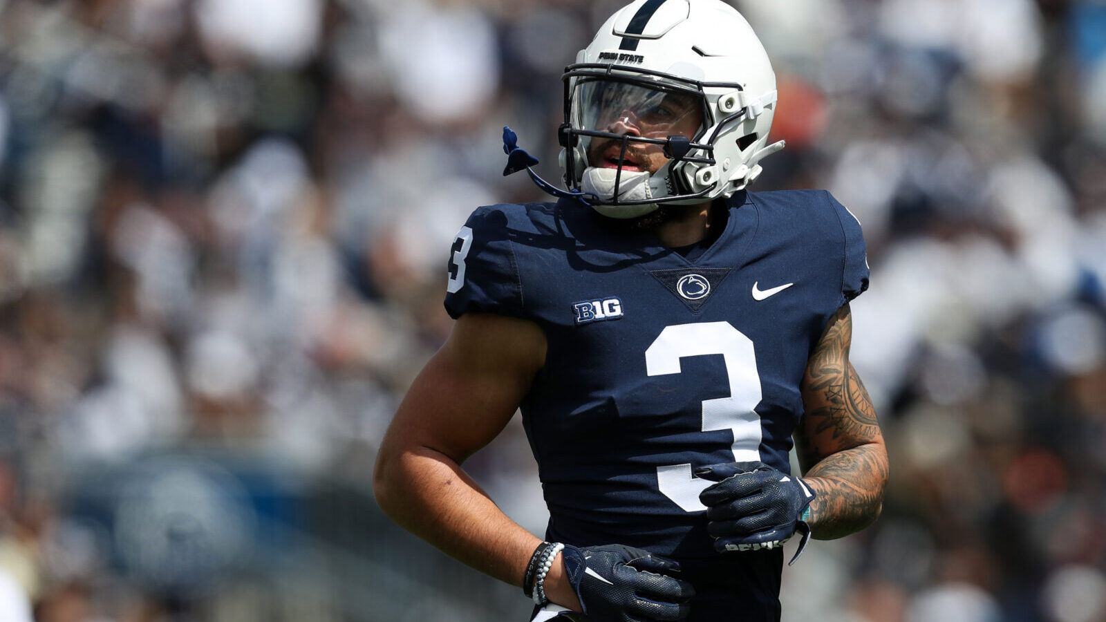 Apr 13, 2024; University Park, PA, USA; Penn State Nittany Lions wide receiver Julian Fleming (3) runs behind the line of scrimmage during the second quarter of the Blue White spring game at Beaver Stadium. The White team defeated the Blue team 27-0.