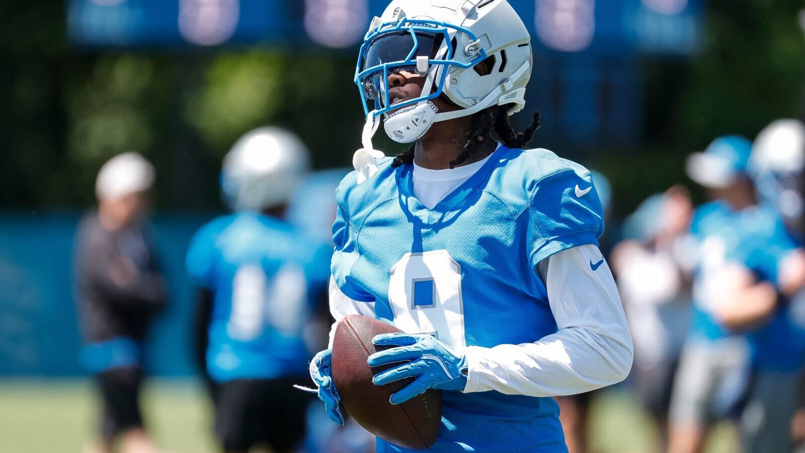 Detroit Lions wide receiver Jameson Williams (9) practices during OTAs at Detroit Lions headquarters and training facility in Allen Park on Thursday, May 30, 2024.