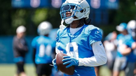 Detroit Lions wide receiver Jameson Williams (9) practices during OTAs at Detroit Lions headquarters and training facility in Allen Park on Thursday, May 30, 2024.