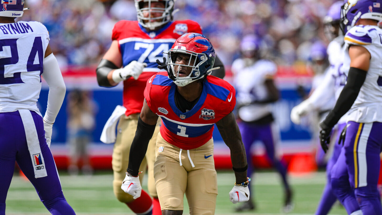 Sep 8, 2024; East Rutherford, New Jersey, USA; New York Giants wide receiver Malik Nabers (1) reacts after making a catch against the Minnesota Vikings during the second half at MetLife Stadium.