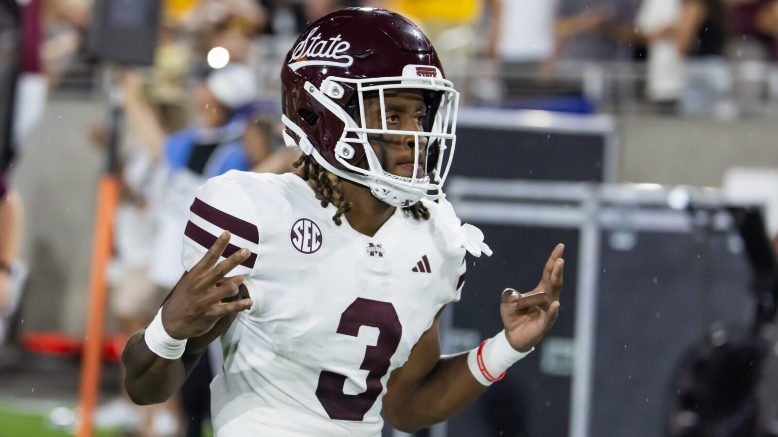 Sep 7, 2024; Tempe, Arizona, USA; Mississippi State Bulldogs wide receiver Kevin Coleman Jr. (3) against the Arizona State Sun Devils at Mountain America Stadium.