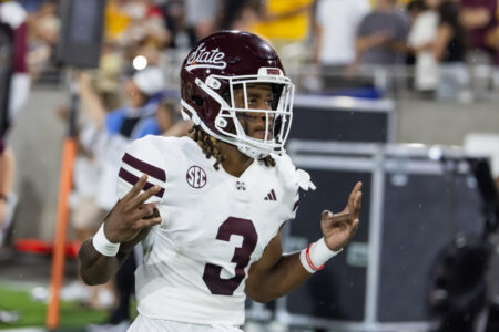 Sep 7, 2024; Tempe, Arizona, USA; Mississippi State Bulldogs wide receiver Kevin Coleman Jr. (3) against the Arizona State Sun Devils at Mountain America Stadium.