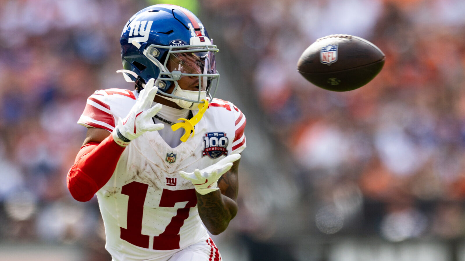Sep 22, 2024; Cleveland, Ohio, USA; New York Giants wide receiver Wan'Dale Robinson (17) catches a pass during the third quarter against the Cleveland Browns at Huntington Bank Field.