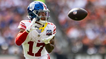 Sep 22, 2024; Cleveland, Ohio, USA; New York Giants wide receiver Wan'Dale Robinson (17) catches a pass during the third quarter against the Cleveland Browns at Huntington Bank Field.