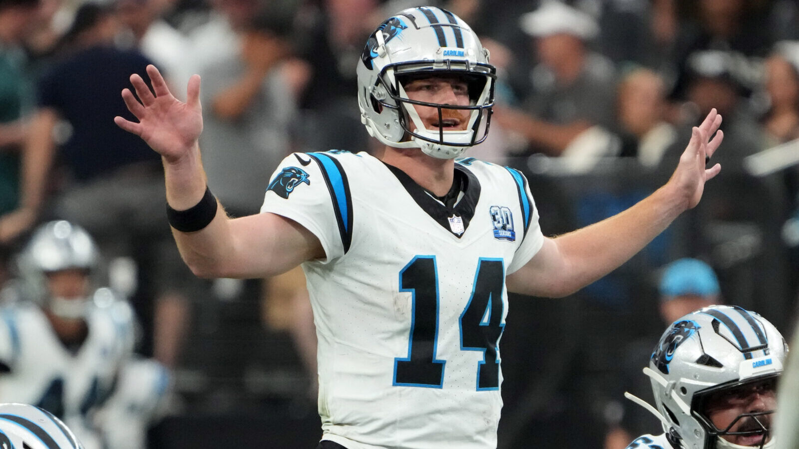 Sep 22, 2024; Paradise, Nevada, USA; Carolina Panthers quarterback Andy Dalton (14) prepares to take the snap against the Las Vegas Raiders in the second half at Allegiant Stadium.