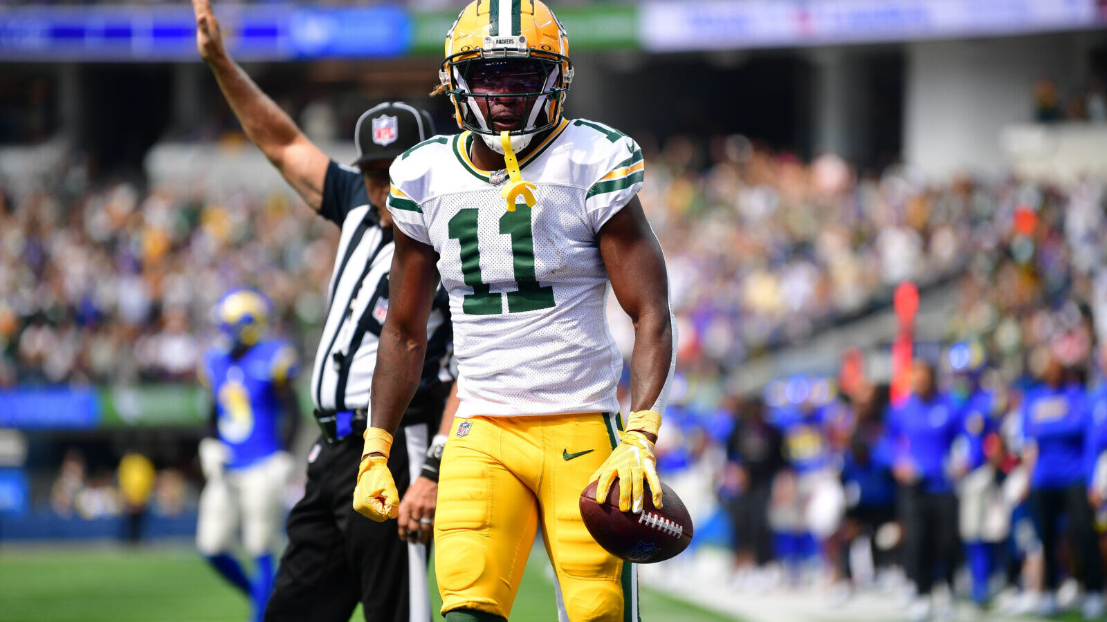 Oct 6, 2024; Inglewood, California, USA; Green Bay Packers wide receiver Jayden Reed (11) reacts after catching a pass against the Los Angeles Rams during the first half at SoFi Stadium.