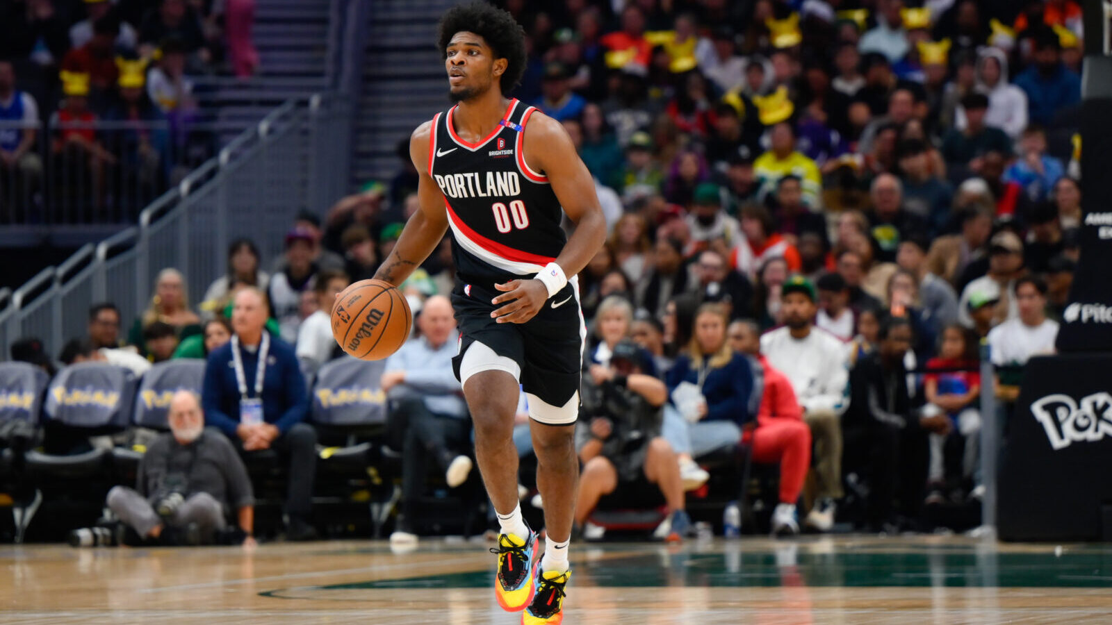 Oct 11, 2024; Seattle, Washington, USA; Portland Trail Blazers guard Scoot Henderson (00) dribbles the ball during the second half at Climate Pledge Arena.