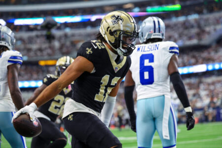 Sep 15, 2024; Arlington, Texas, USA; New Orleans Saints wide receiver Chris Olave (12) reacts during the first quarter against the Dallas Cowboys at AT&T Stadium.