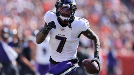 Oct 6, 2024; Cincinnati, Ohio, USA; Baltimore Ravens wide receiver Rashod Bateman (7) scores a touchdown during the second quarter against the Cincinnati Bengals at Paycor Stadium.