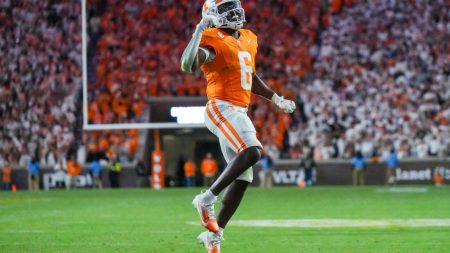 Tennessee running back Dylan Sampson (6) celebrates after making a touchdown during a NCAA football game between Tennessee and Florida in Neyland Stadium, in Knoxville, Tenn., Oct. 12, 2024.
