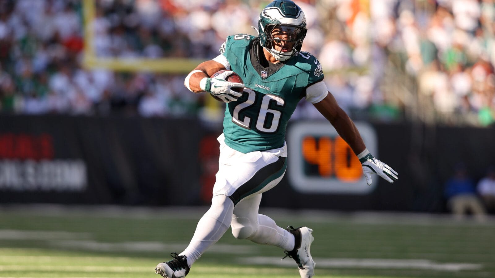 Oct 27, 2024; Cincinnati, Ohio, USA; Philadelphia Eagles running back Saquon Barkley (26) runs the ball as during the third quarter against the Cincinnati Bengals at Paycor Stadium.