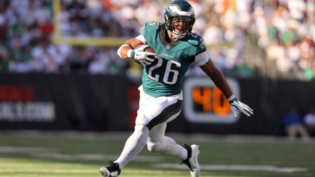 Oct 27, 2024; Cincinnati, Ohio, USA; Philadelphia Eagles running back Saquon Barkley (26) runs the ball as during the third quarter against the Cincinnati Bengals at Paycor Stadium.