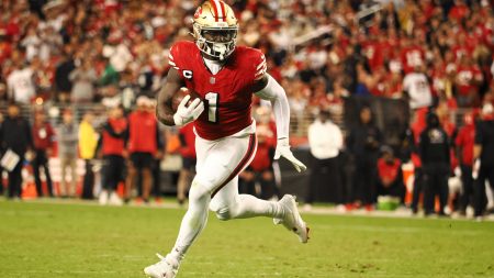 Oct 27, 2024; Santa Clara, California, USA; San Francisco 49ers wide receiver Deebo Samuel Sr (1) carries the ball against the Dallas Cowboys during the third quarter at Levi's Stadium.