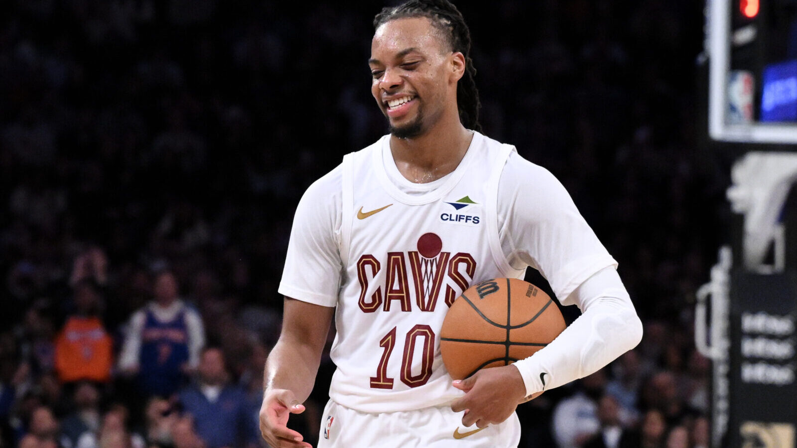 Oct 28, 2024; New York, New York, USA; Cleveland Cavaliers guard Darius Garland (10) reacts during the second half against the New York Knicks at Madison Square Garden.