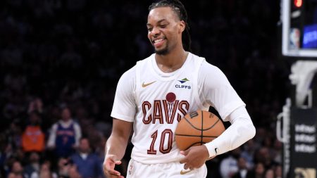 Oct 28, 2024; New York, New York, USA; Cleveland Cavaliers guard Darius Garland (10) reacts during the second half against the New York Knicks at Madison Square Garden.