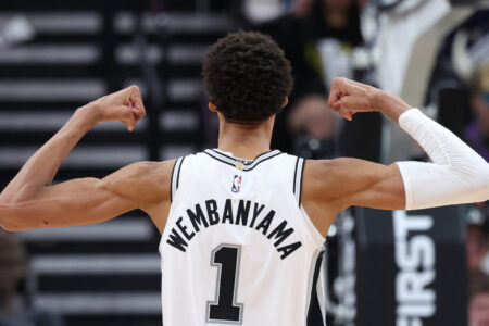 Oct 31, 2024; Salt Lake City, Utah, USA; San Antonio Spurs center Victor Wembanyama (1) reacts to a play against the Utah Jazz during the third quarter at Delta Center.