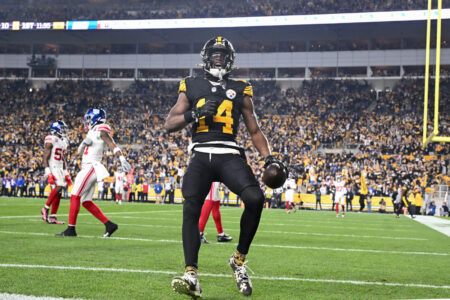 Oct 28, 2024; Pittsburgh, Pennsylvania, USA; Pittsburgh Steelers wide receiver George Pickens (14) celebrates a touchdown pass that was called back for a penalty against the New York Giants during the first half at Acrisure Stadium.