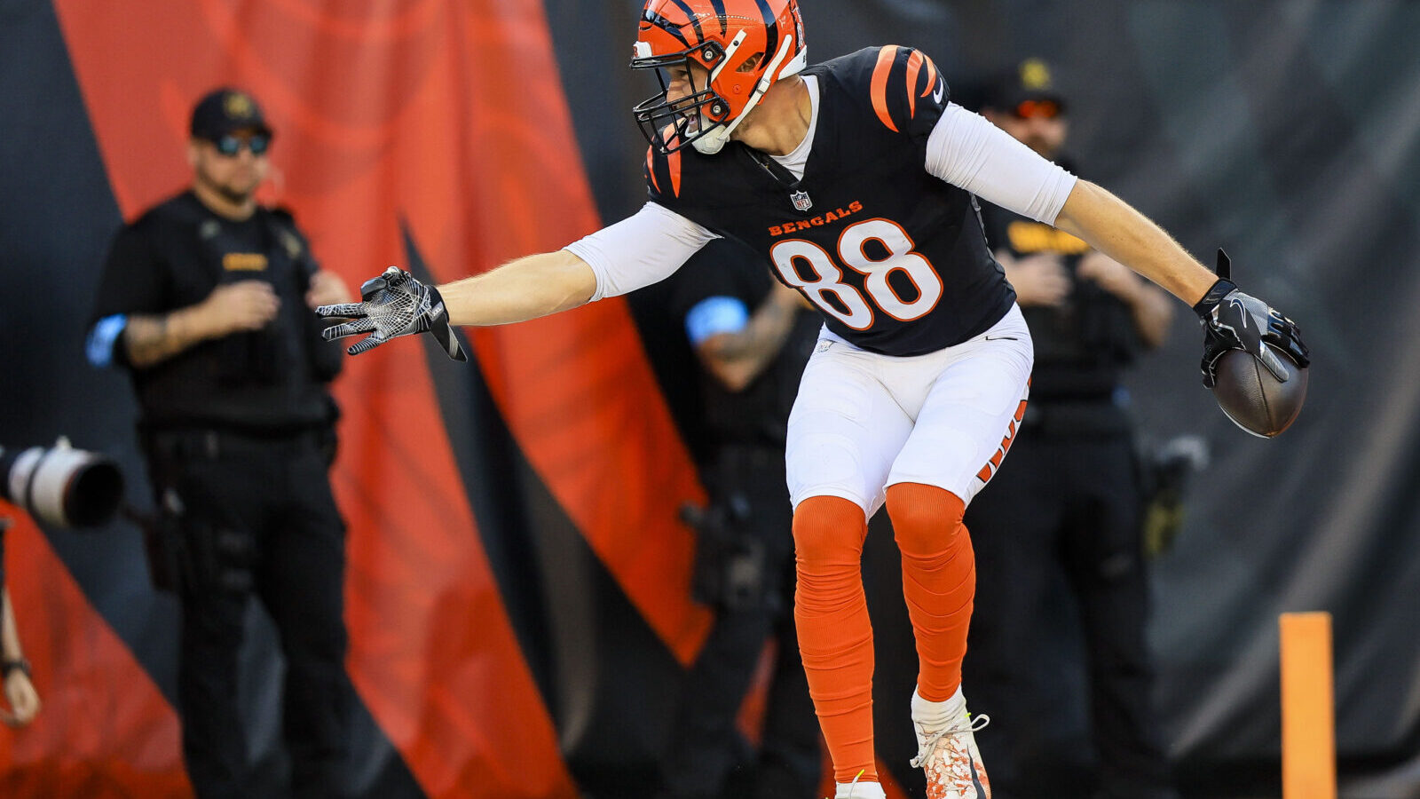 Nov 3, 2024; Cincinnati, Ohio, USA; Cincinnati Bengals tight end Mike Gesicki (88) reacts after scoring a touchdown against the Las Vegas Raiders in the second half at Paycor Stadium.