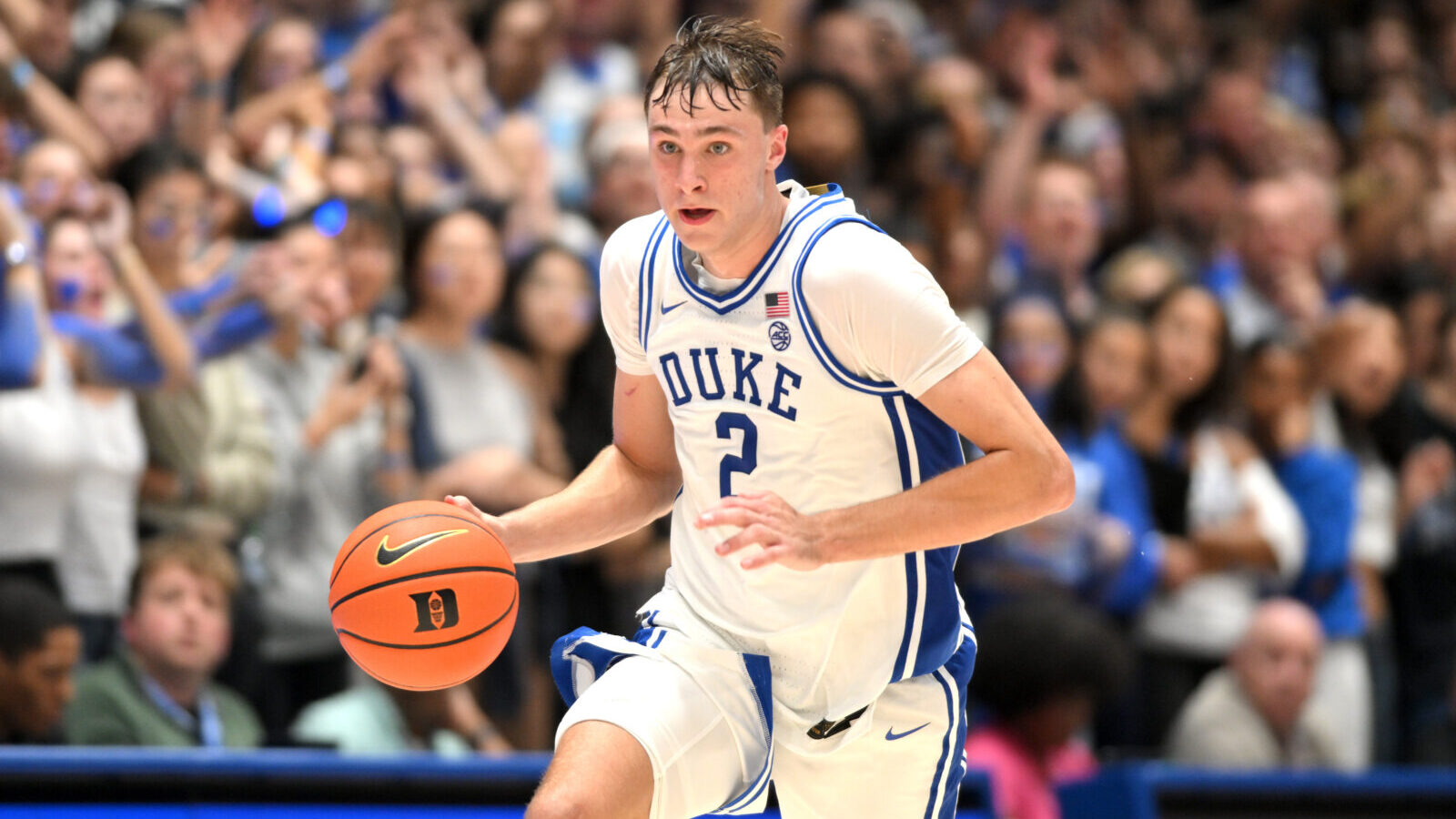 Nov 4, 2024; Durham, North Carolina, USA; Duke Blue Devils guard Cooper Flagg (2) brings the ball down court against the Maine Black Bears at Cameron Indoor Stadium during the second half.