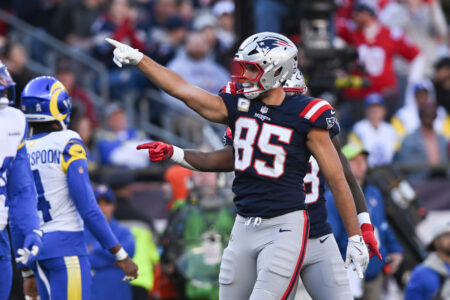 Nov 17, 2024; Foxborough, Massachusetts, USA; New England Patriots tight end Hunter Henry (85) reacts after a first down against the Los Angeles Rams during the first half at Gillette Stadium.