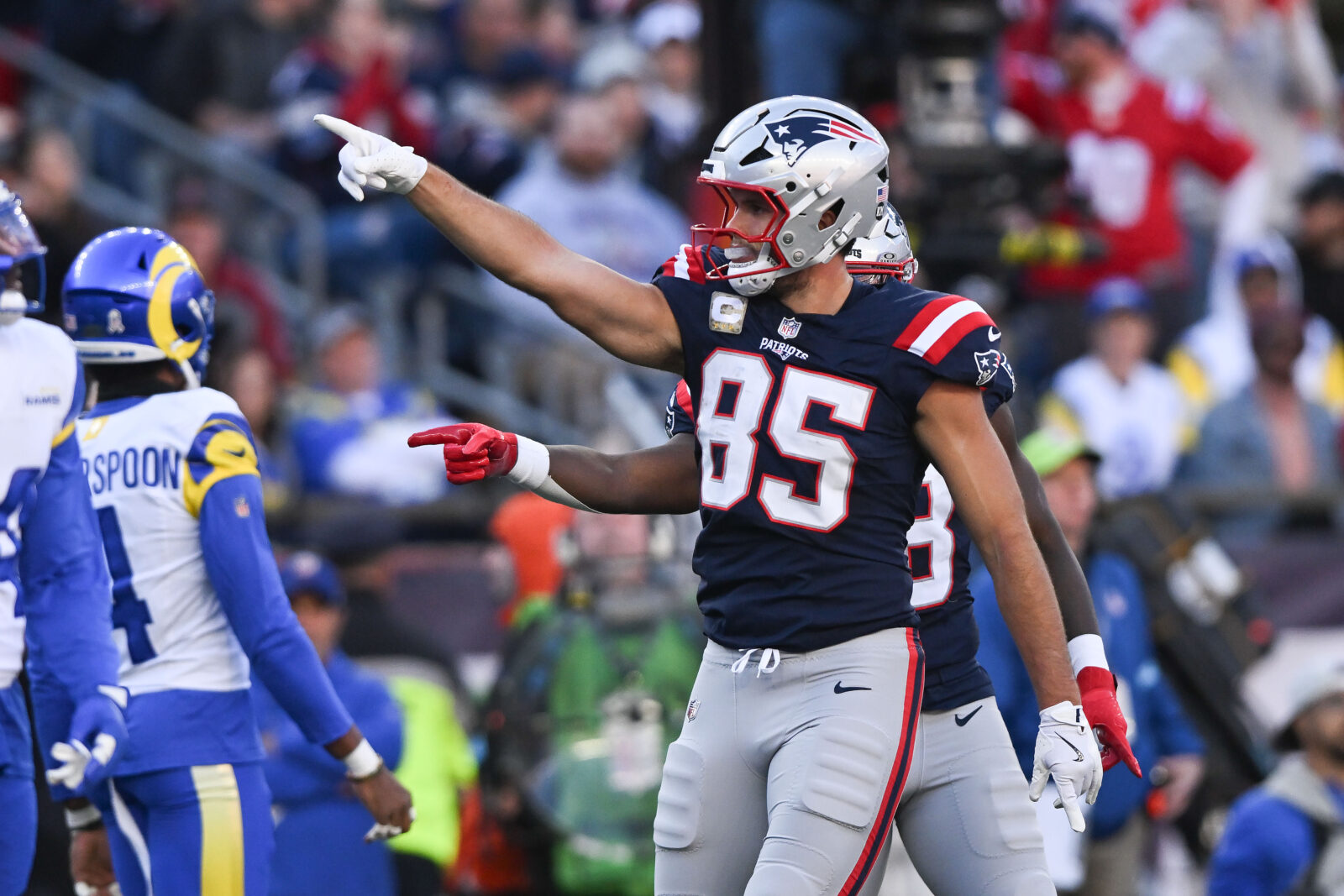Nov 17, 2024; Foxborough, Massachusetts, USA; New England Patriots tight end Hunter Henry (85) reacts after a first down against the Los Angeles Rams during the first half at Gillette Stadium.
