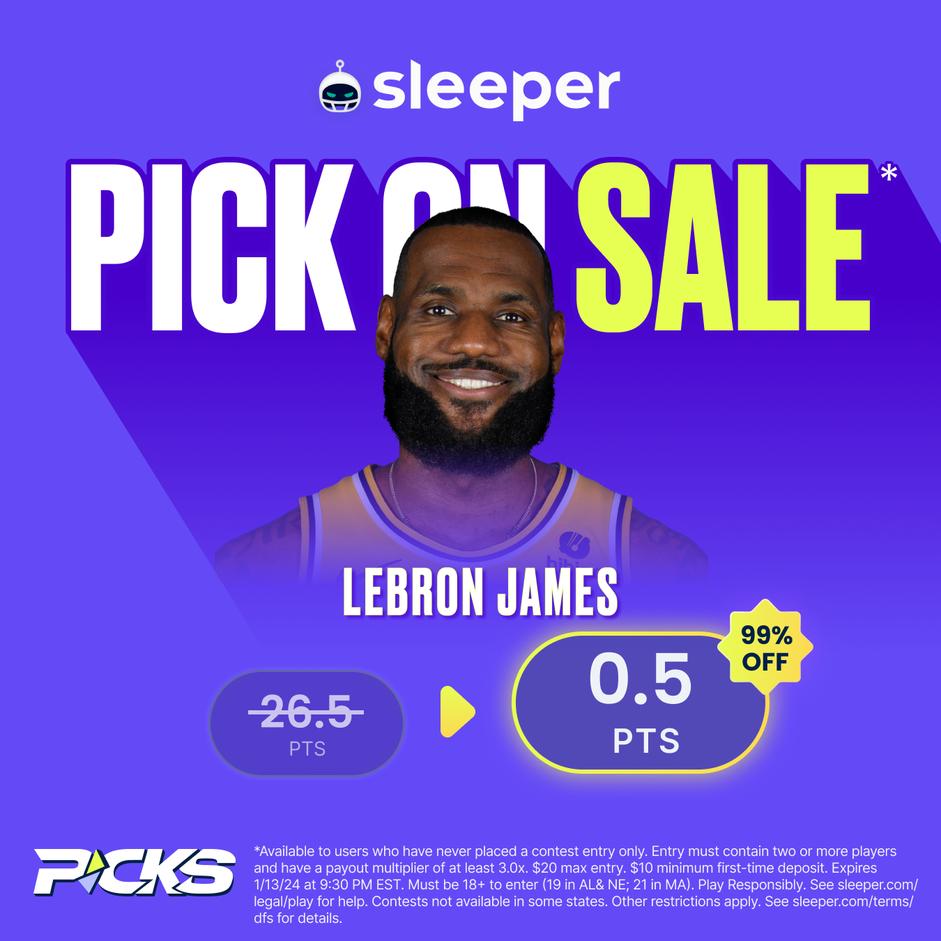 NBA player prop special for Saturday, Jan. 13 on Sleeper Fantasy is LeBron James over 0.5 points. 