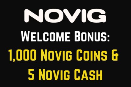 Novig welcome bonus, 1,000 Novig coins and 5 Novig cash, written across a dark background.