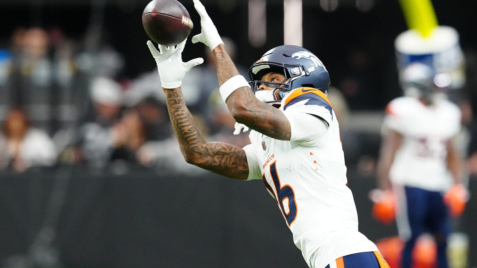 Nov 24, 2024; Paradise, Nevada, USA; Denver Broncos wide receiver Troy Franklin (16) warms up before a game against the Las Vegas Raiders at Allegiant Stadium.