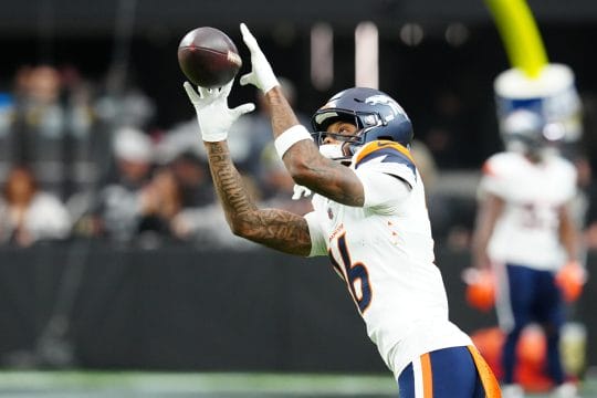 Nov 24, 2024; Paradise, Nevada, USA; Denver Broncos wide receiver Troy Franklin (16) warms up before a game against the Las Vegas Raiders at Allegiant Stadium.