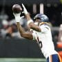 Nov 24, 2024; Paradise, Nevada, USA; Denver Broncos wide receiver Troy Franklin (16) warms up before a game against the Las Vegas Raiders at Allegiant Stadium.