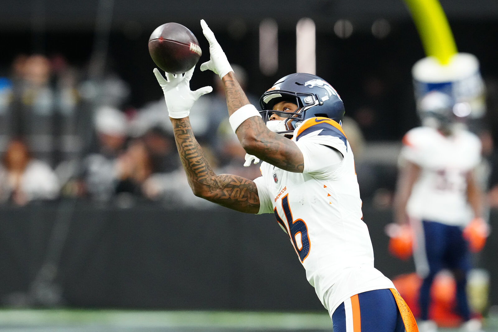 Nov 24, 2024; Paradise, Nevada, USA; Denver Broncos wide receiver Troy Franklin (16) warms up before a game against the Las Vegas Raiders at Allegiant Stadium.