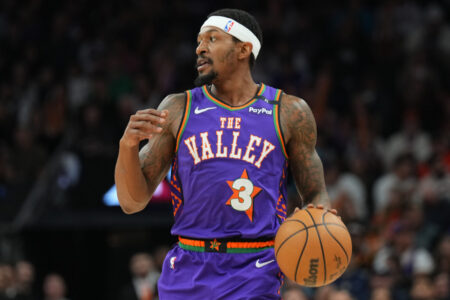 Dec 21, 2024; Phoenix, Arizona, USA; Phoenix Suns guard Bradley Beal (3) dribbles against the Detroit Pistons during the first half at Footprint Center.