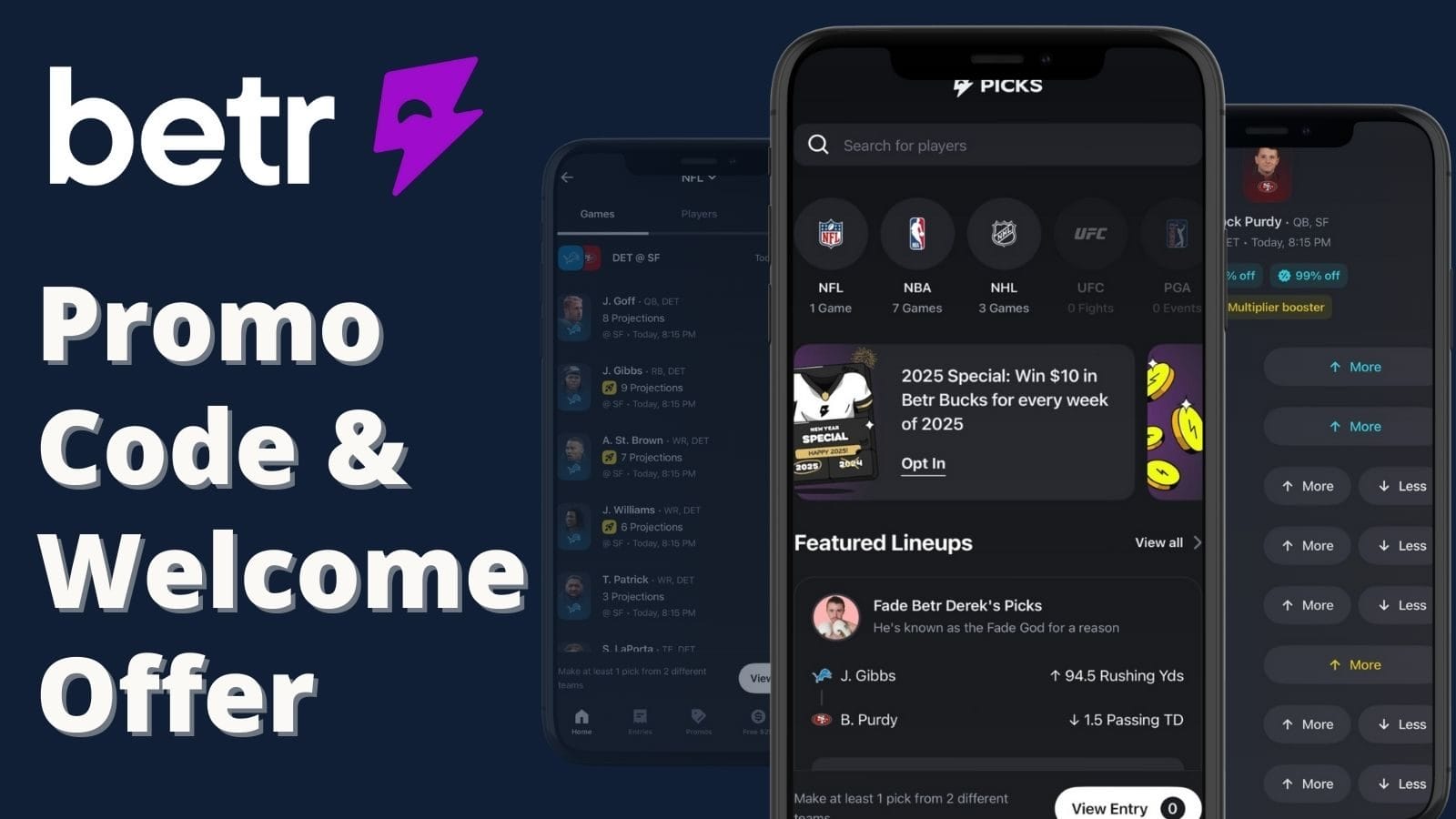 Betr Picks promo code written beside three smartphone screenshots of the app.