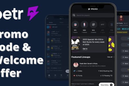Betr Picks promo code written beside three smartphone screenshots of the app.