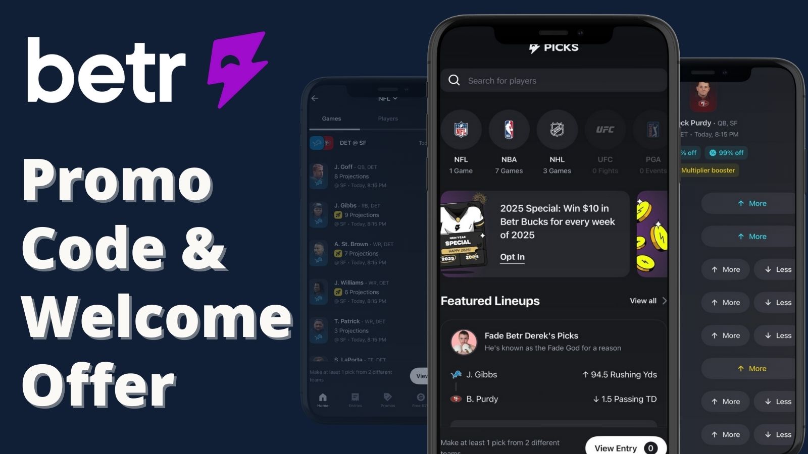 Betr Picks promo code written beside three smartphone screenshots of the app.