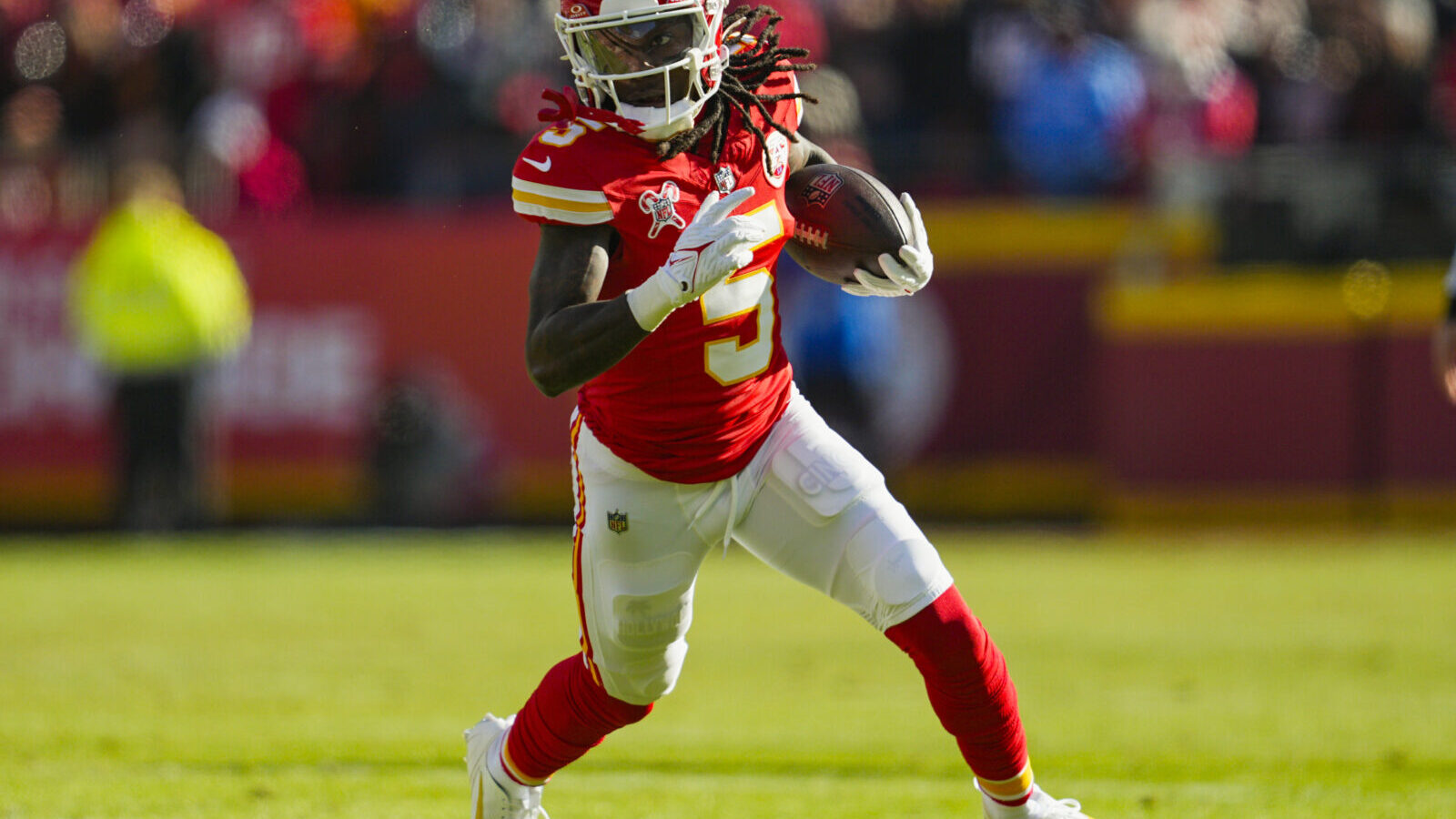 Dec 21, 2024; Kansas City, Missouri, USA; Kansas City Chiefs wide receiver Hollywood Brown (5) runs with the ball during the first half against the Houston Texans at GEHA Field at Arrowhead Stadium.