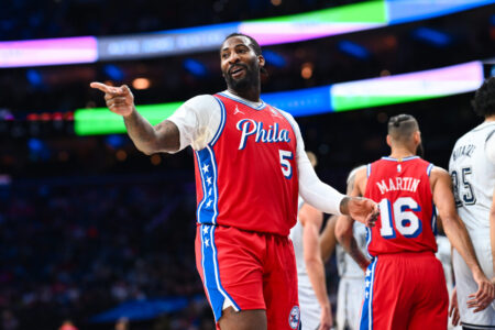 Dec 6, 2024; Philadelphia, Pennsylvania, USA; Philadelphia 76ers center Andre Drummond (5) reacts against the Orlando Magic in the second quarter at Wells Fargo Center.