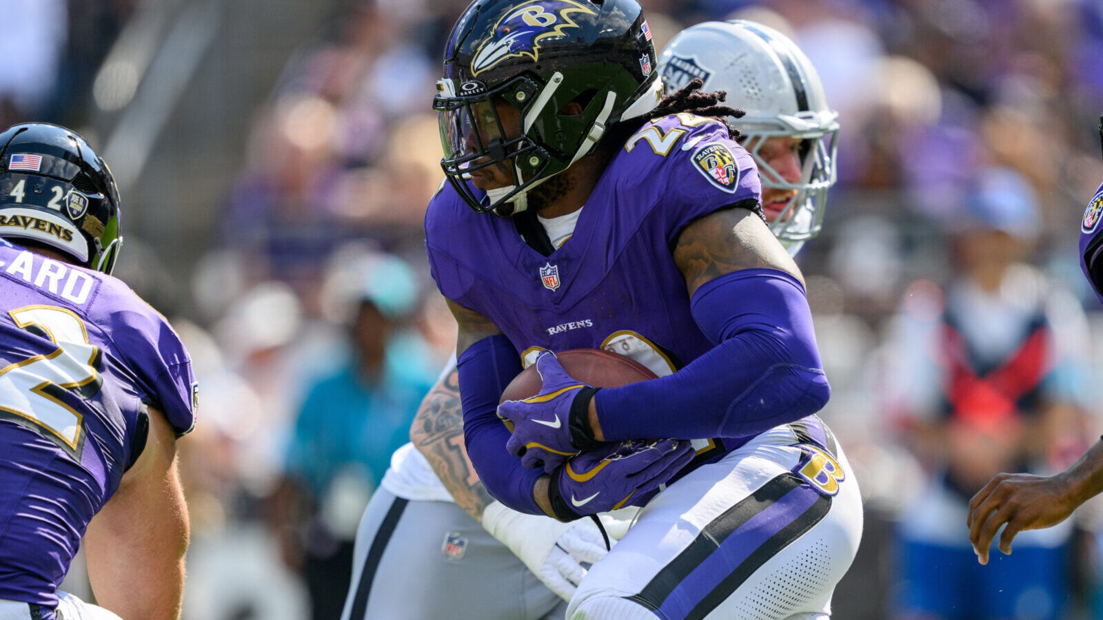 Sep 15, 2024; Baltimore, Maryland, USA; Baltimore Ravens running back Derrick Henry (22) runs during the second half against the Las Vegas Raiders at M&T Bank Stadium.