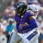 Sep 15, 2024; Baltimore, Maryland, USA; Baltimore Ravens running back Derrick Henry (22) runs during the second half against the Las Vegas Raiders at M&T Bank Stadium.