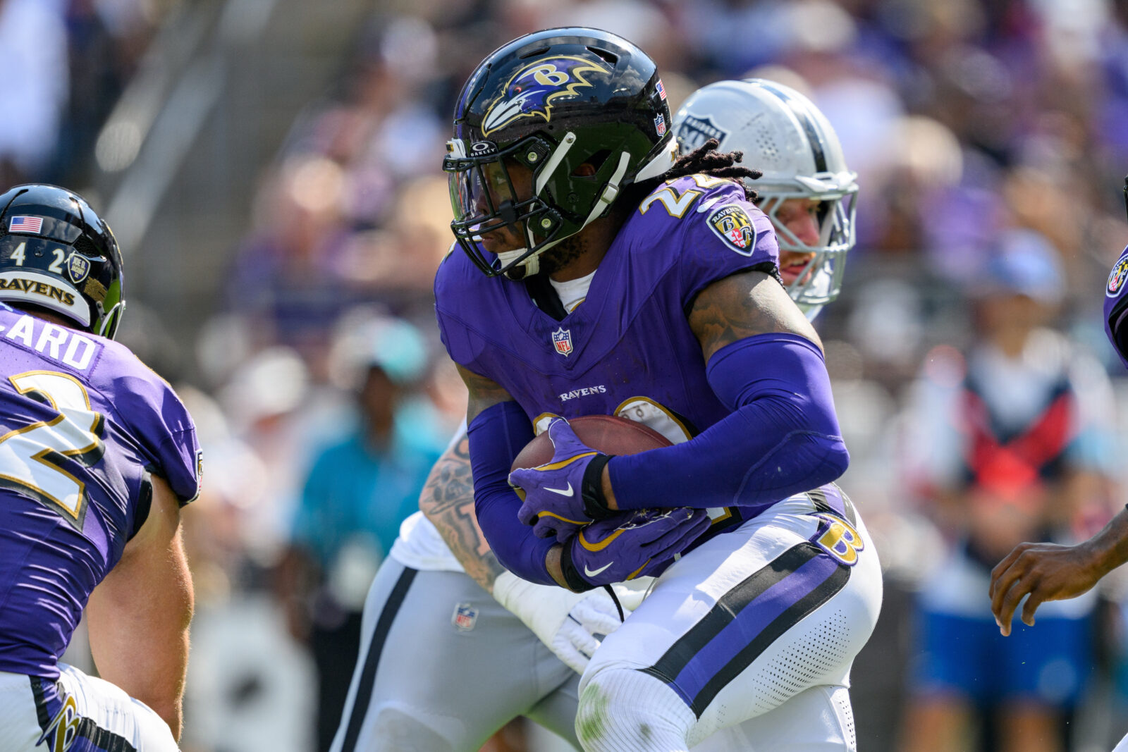 Sep 15, 2024; Baltimore, Maryland, USA; Baltimore Ravens running back Derrick Henry (22) runs during the second half against the Las Vegas Raiders at M&T Bank Stadium.
