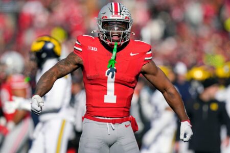Ohio State Buckeyes running back Quinshon Judkins (1) celebrates after a first down run against Michigan Wolverines during the second quarter of the NCAA football game at Ohio Stadium in Columbus on Saturday, Nov. 30, 2024.