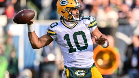 Nov 17, 2024; Chicago, Illinois, USA; Green Bay Packers quarterback Jordan Love (10) passes the ball against the Chicago Bears during the third quarter at Soldier Field.