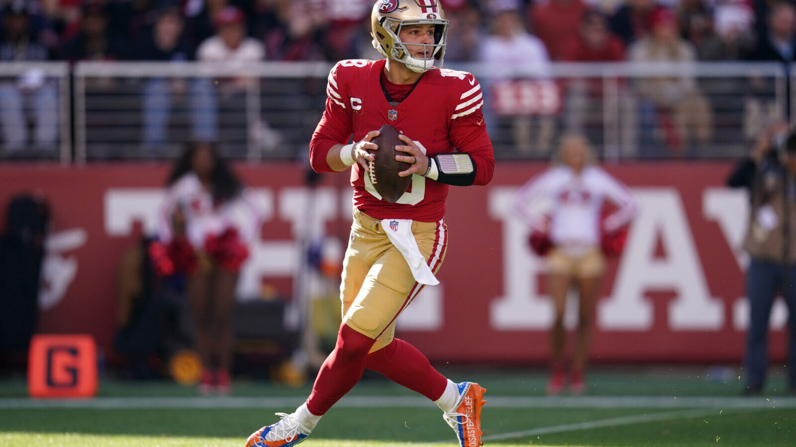 Dec 8, 2024; Santa Clara, California, USA; San Francisco 49ers quarterback Brock Purdy (13) looks to throw a pass against the Chicago Bears in the first quarter at Levi's Stadium.