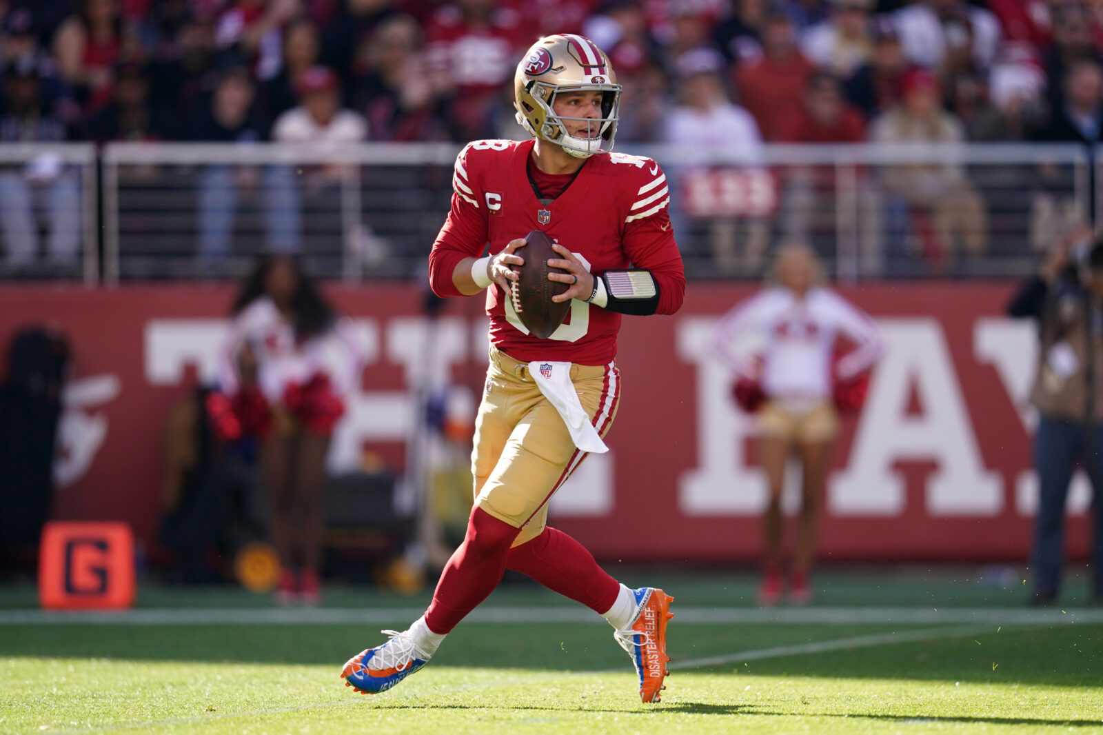 Dec 8, 2024; Santa Clara, California, USA; San Francisco 49ers quarterback Brock Purdy (13) looks to throw a pass against the Chicago Bears in the first quarter at Levi's Stadium.