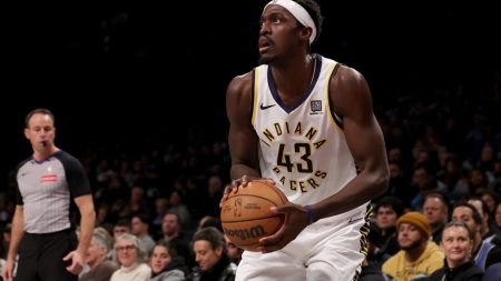 Dec 4, 2024; Brooklyn, New York, USA; Indiana Pacers forward Pascal Siakam (43) looks to shoot the ball against the Brooklyn Nets during the second quarter at Barclays Center.