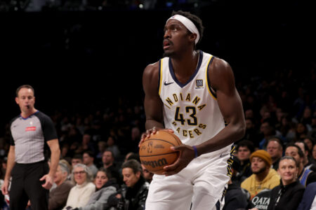 Dec 4, 2024; Brooklyn, New York, USA; Indiana Pacers forward Pascal Siakam (43) looks to shoot the ball against the Brooklyn Nets during the second quarter at Barclays Center.